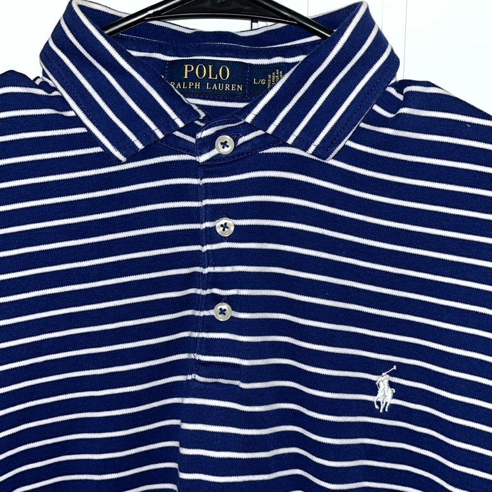 Swept Collar Polo by Ralph Lauren w/Pony White Stripe Polo Golf Tennis Shirt L